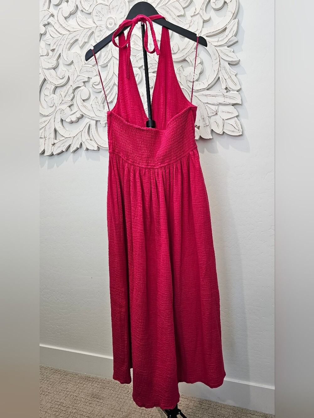 Steve Madden Cotton Gauze Pink Cranberry Halter V-Neck Midi Dress Women's Sz Med - Picture 3 of 11